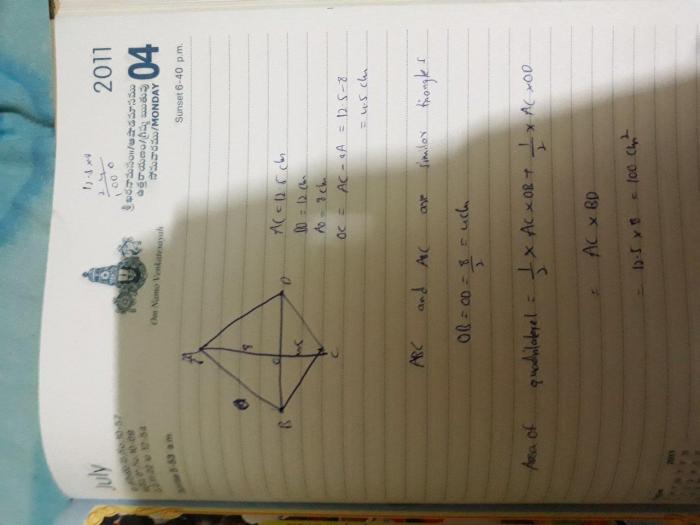 Diagonals create two isosceles triangles within the quadrilateral.